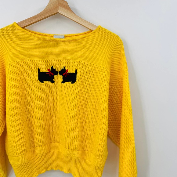 Vintage Sweaters - Vintage Medium P Scottish Terrier Bright Yellow Knit Sweater